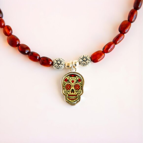 Baltic Amber Beaded Skull Necklace - Picture 6 of 8